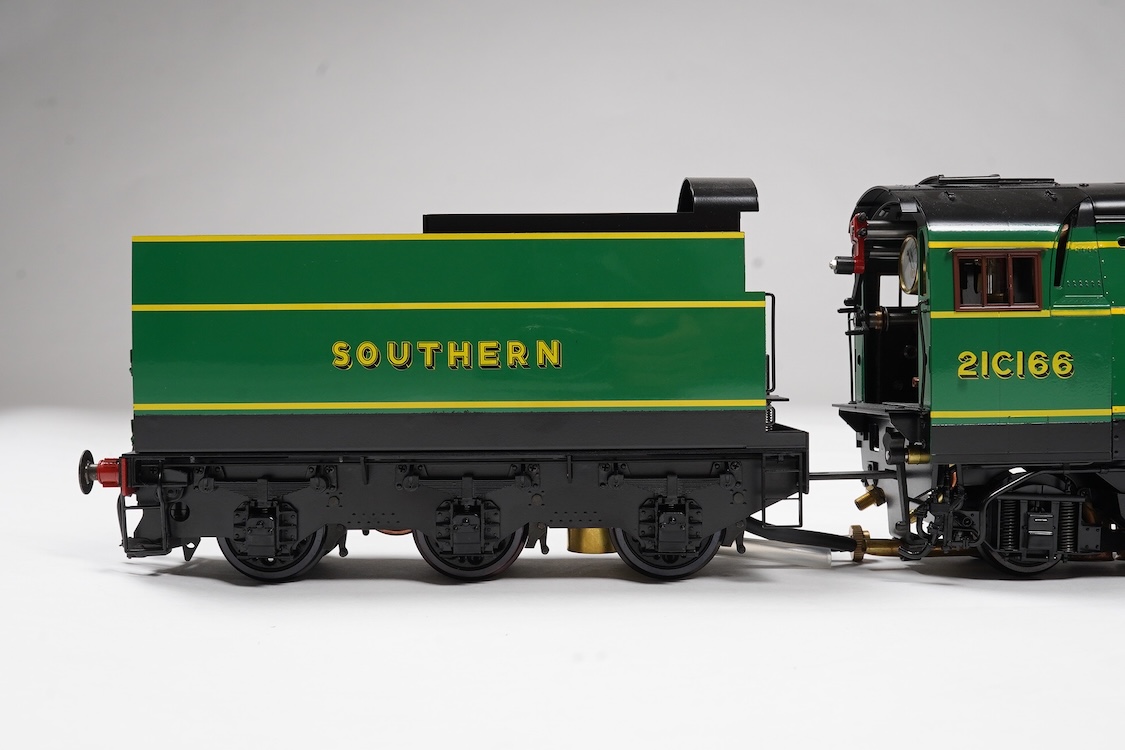 A Gauge One Aster Hobbies live steam Southern Railway Bulleid Battle of Britain Class, 4-6-2 tender locomotive, Spitfire 21C166, the factory ‘Built Up’ version, spirit fired working three cylinder motion, with assembly i
